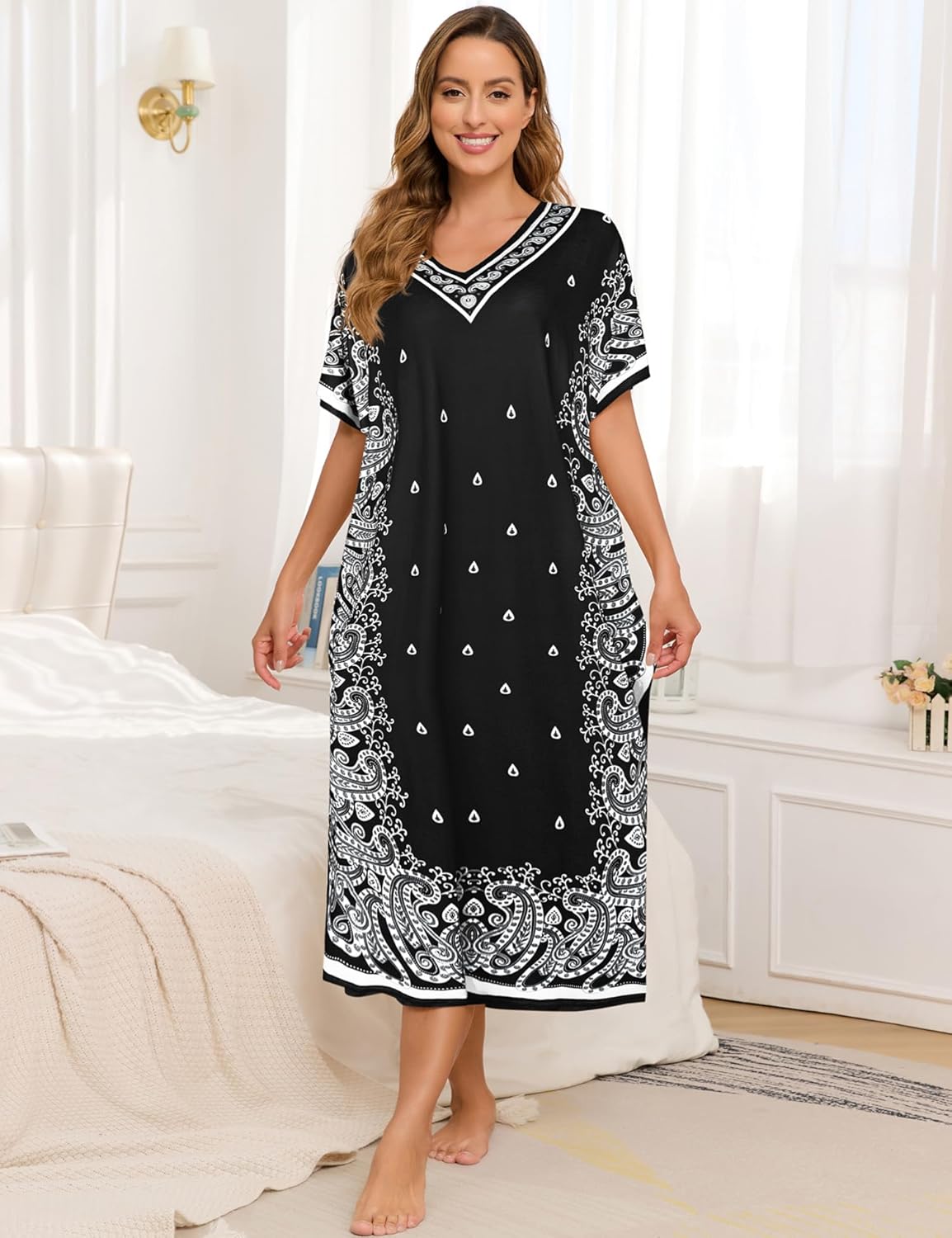 Bloggerlove Women Nightgowns Long Caftan V-Neck Short Sleeve House Dress Cotton Sleepwear with Pockets - Image 2