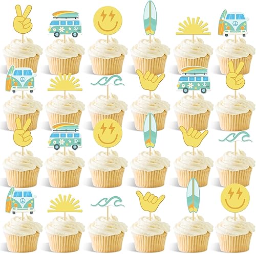32 piezas de decoración de fiesta de surf, hippie, groovy, decoración de fiesta de cumpleaños, estilo bohemio, ola, sol, hippie, autobús, Shaka,