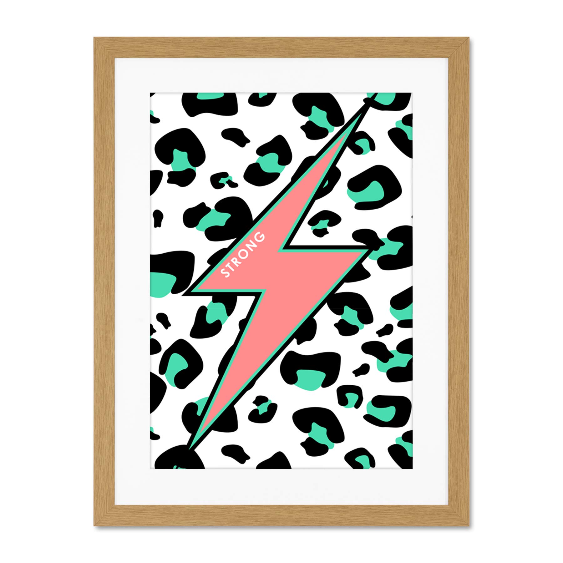 Wee Blue Coo Leopard Coral And Green Strong Reverse Large Light Oak Framed Art Print Wall Poster 18x24 inch