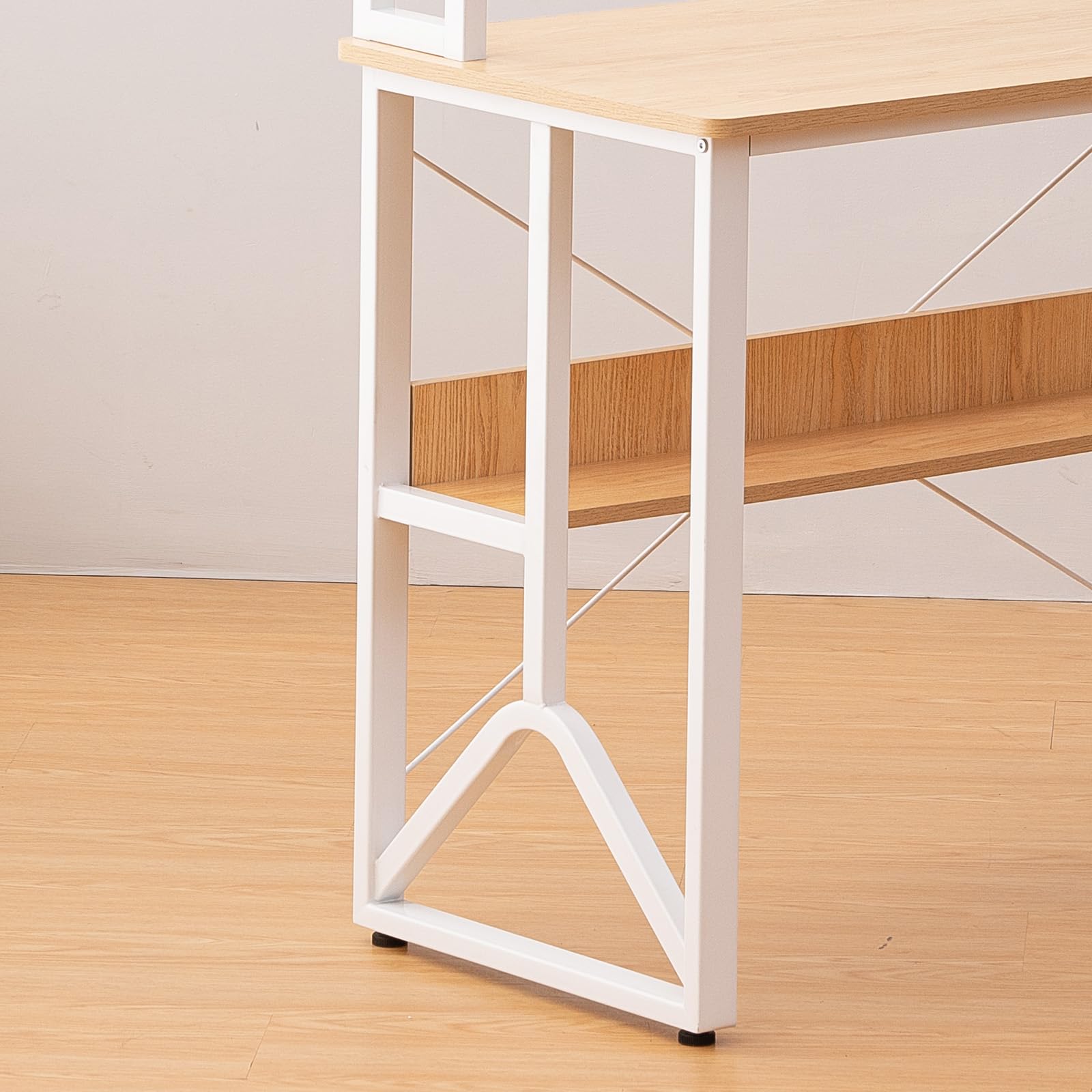 SHARPDO Scrivania Moderna 100x50 cm in Legno Chiaro con Mensole a Due Livelli e Struttura a Y Stabile – Scrivania da Studio per Studenti con Bordi Arrotondati e Protezione Anticaduta