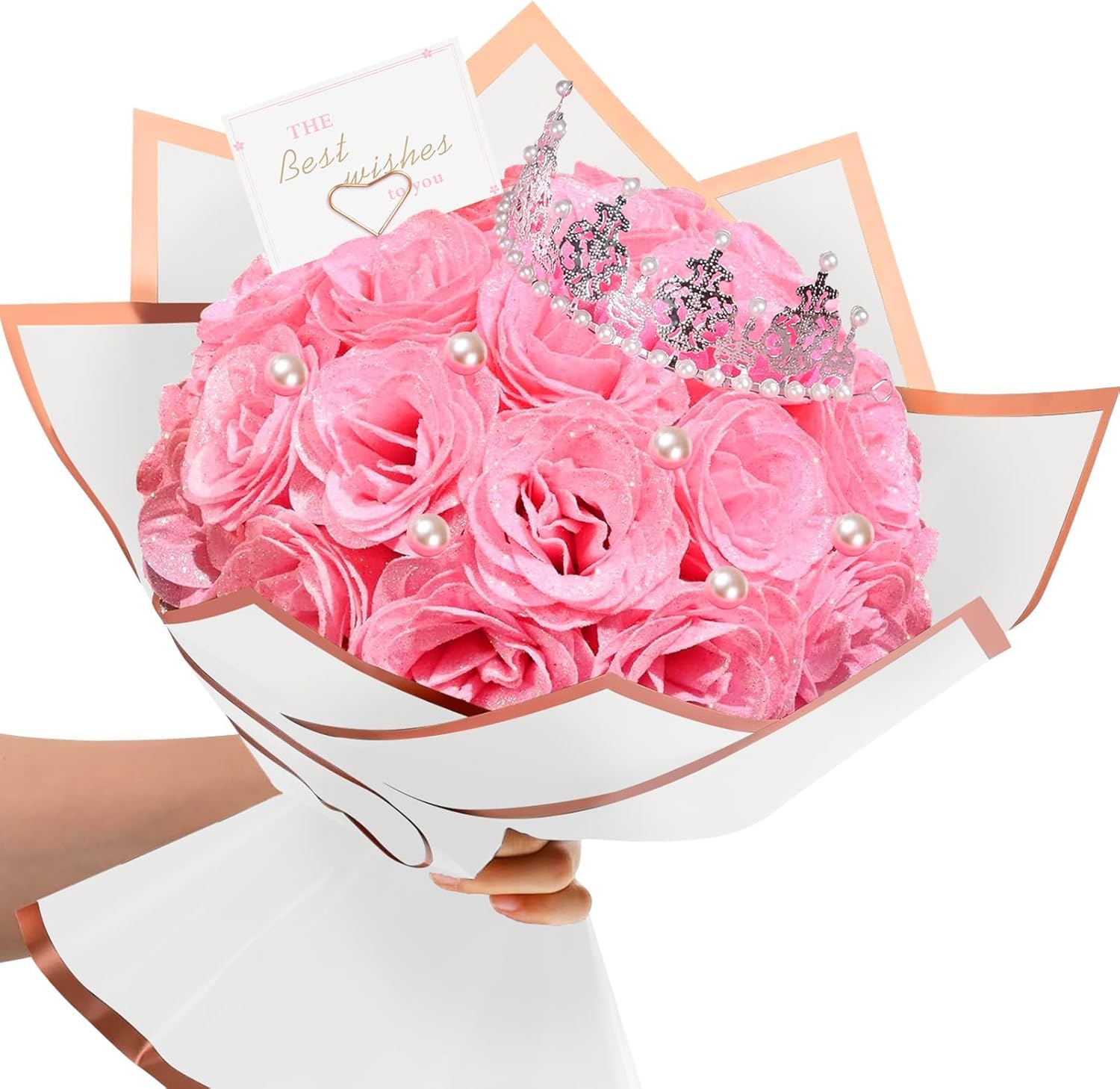 TLY Glitter Roses Bouquet, Pink Flower Bouquet, DIY Fake Rose Flowers, Birthday Gifts for Women, Artificial Rose with Wrapping Paper Crowns Cards for Valentines Day Anniversary Engagement Wedding