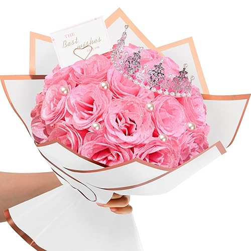 TLY Glitter Roses Bouquet,24 Pcs Pink Flower Bouquet,Birthday Gifts for