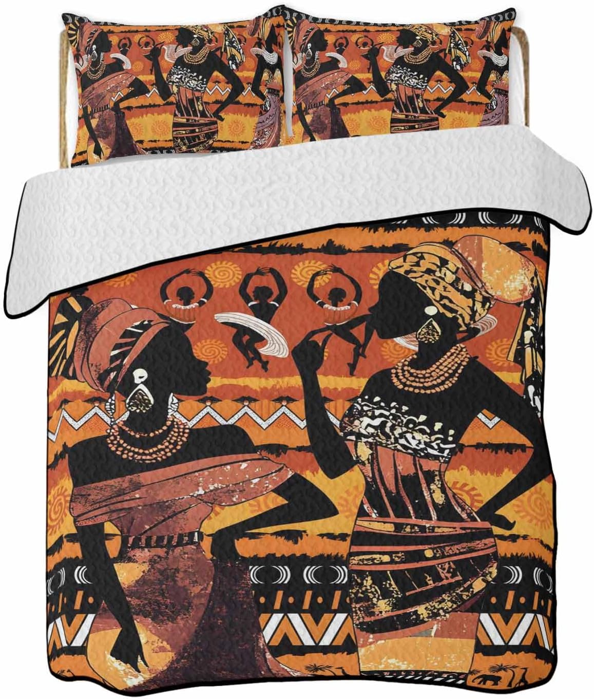 Twin XL Quilt Sets with 2 Pillow Shams, Black Orange Girls Boho Lightweight Summer Quilts Twin XL Size, Vintage Ethnic Tribe Abstract Art Bedspreads Coverlet Bedding Set 3 Pieces for All Season