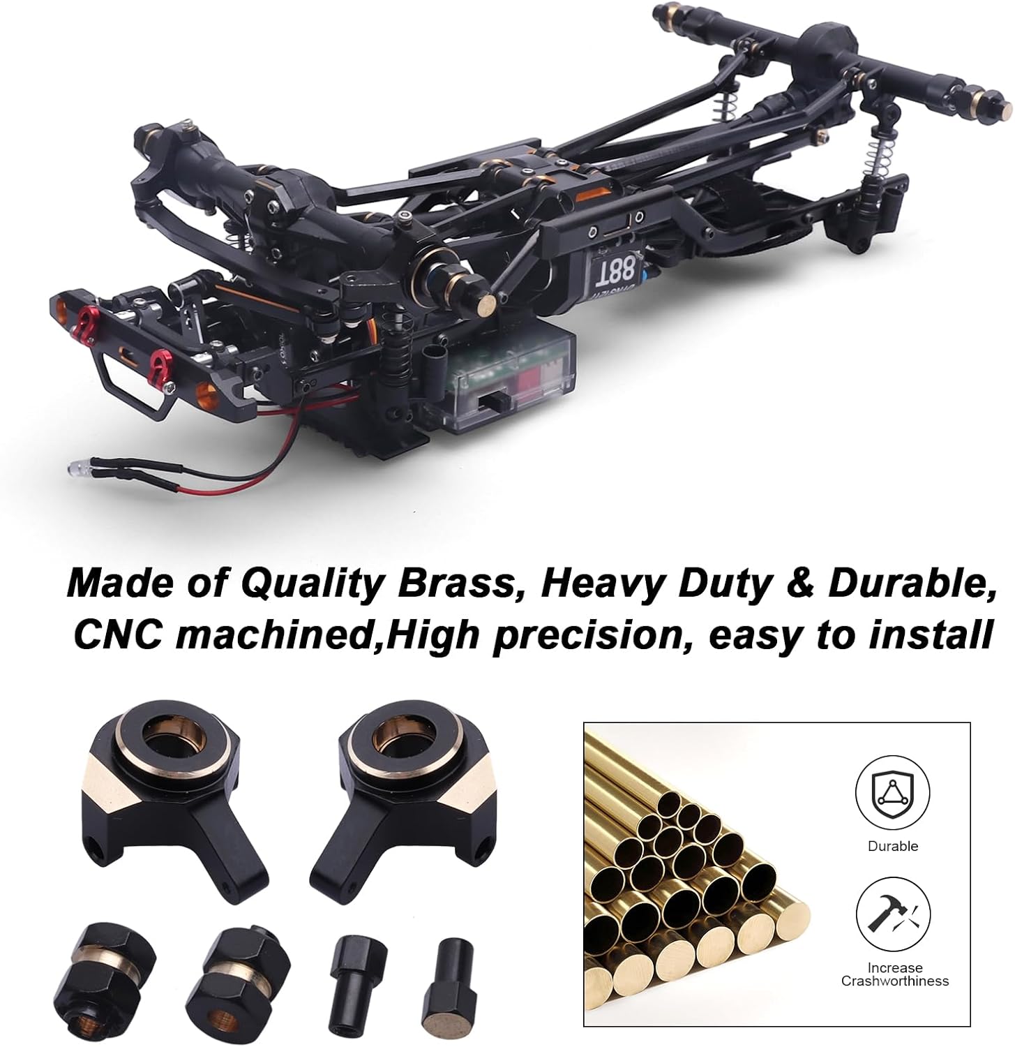 Hobbypark Brass Steering Knuckles Carriers and Brass Extended 7mm Wheel Hex Hubs Adapters for Axial SCX24 Upgrades Parts 1/24 RC Crawler Car (Black-Gold)