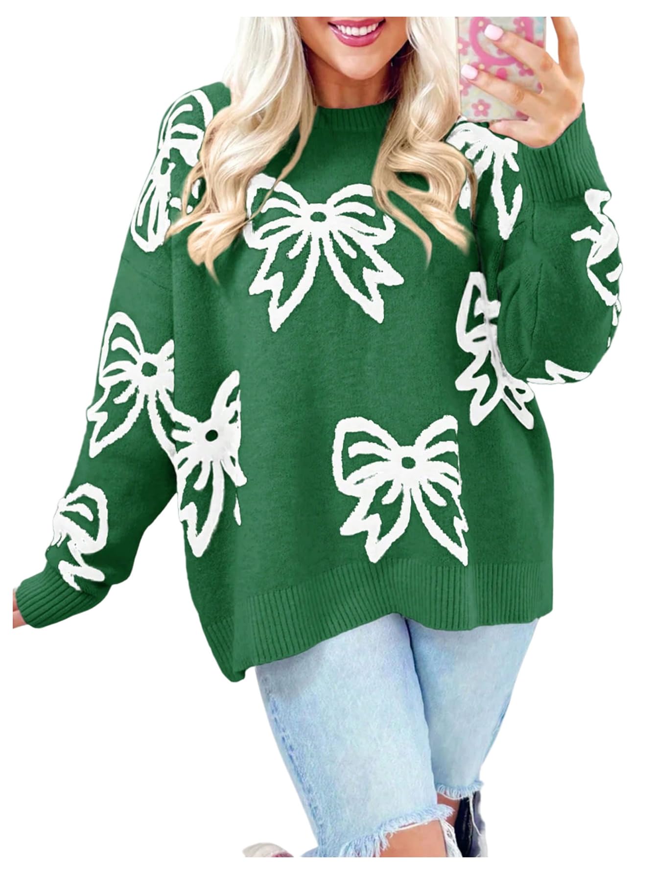 SweatyRocks Womens Bow Graphic Crew Neck Loose Sweater Casual Long Sleeve Drop Shoulder Knit Pullover Tops