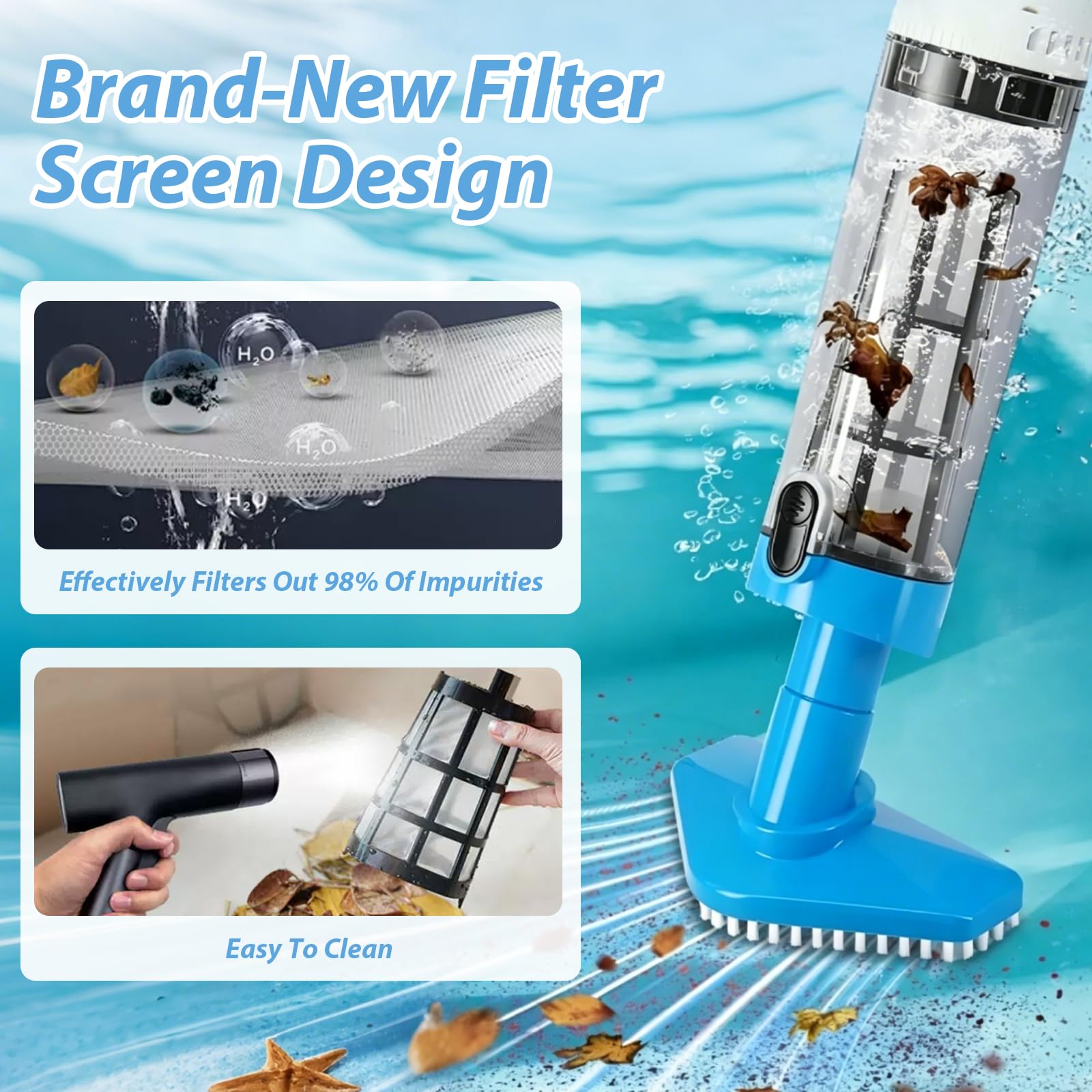 3 en 1 Pool Vacuum Cleaner Tragbarer Poolsauger akku Kabellos Handheld Vacuum Cleaner Pool Staubsauger mit Teleskopstange,90 Minuten Laufzeit mit Akku Poolreiniger für Kleine Pools,Spas