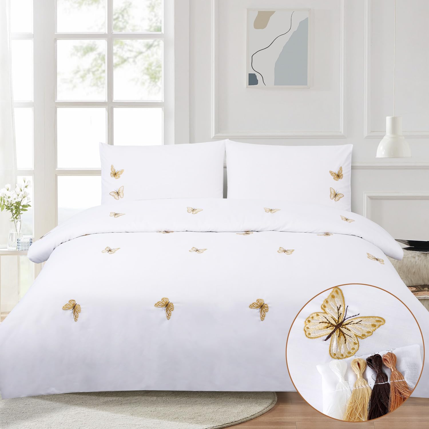 Chlophy Mustard Yellow Butterfly Duvet Cover Embroidered Double White Girls Spring Duvet Sets Luxury Elegant Pretty Kids