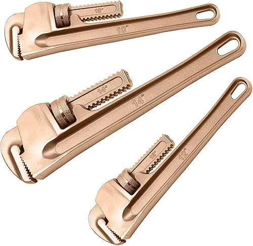 WEDO Juego de llaves de tubo sin chispas, 10, 12, 14 pulgadas, 3 piezas, sin chispas, llave ajustable de seguridad sin chispas, cobre berilio, no