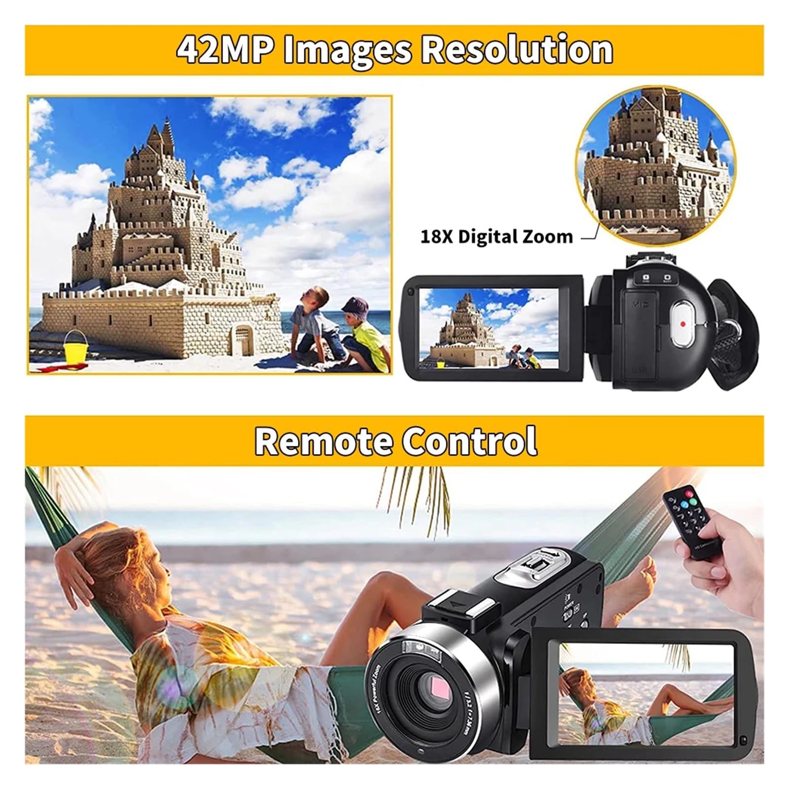 Videocamera Digitale Professionale 4K HD Con Telecomando Zoom 18X Fotografia 42MP Schermo Ribaltabile Da 3 Pollici Registrazione Cattura Facilmente Momenti Meravigliosi(With 128GB Card)