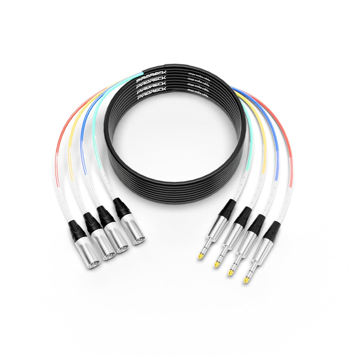 PRORECK 20ft Snake Cable, 4-Channel Shielded Audio Cable 1/4'' TRS to XLR Male, with Color-Marked Connectors for Professional Stage, Studio, and Live (PR-TRS/XLR-4 * 20M)