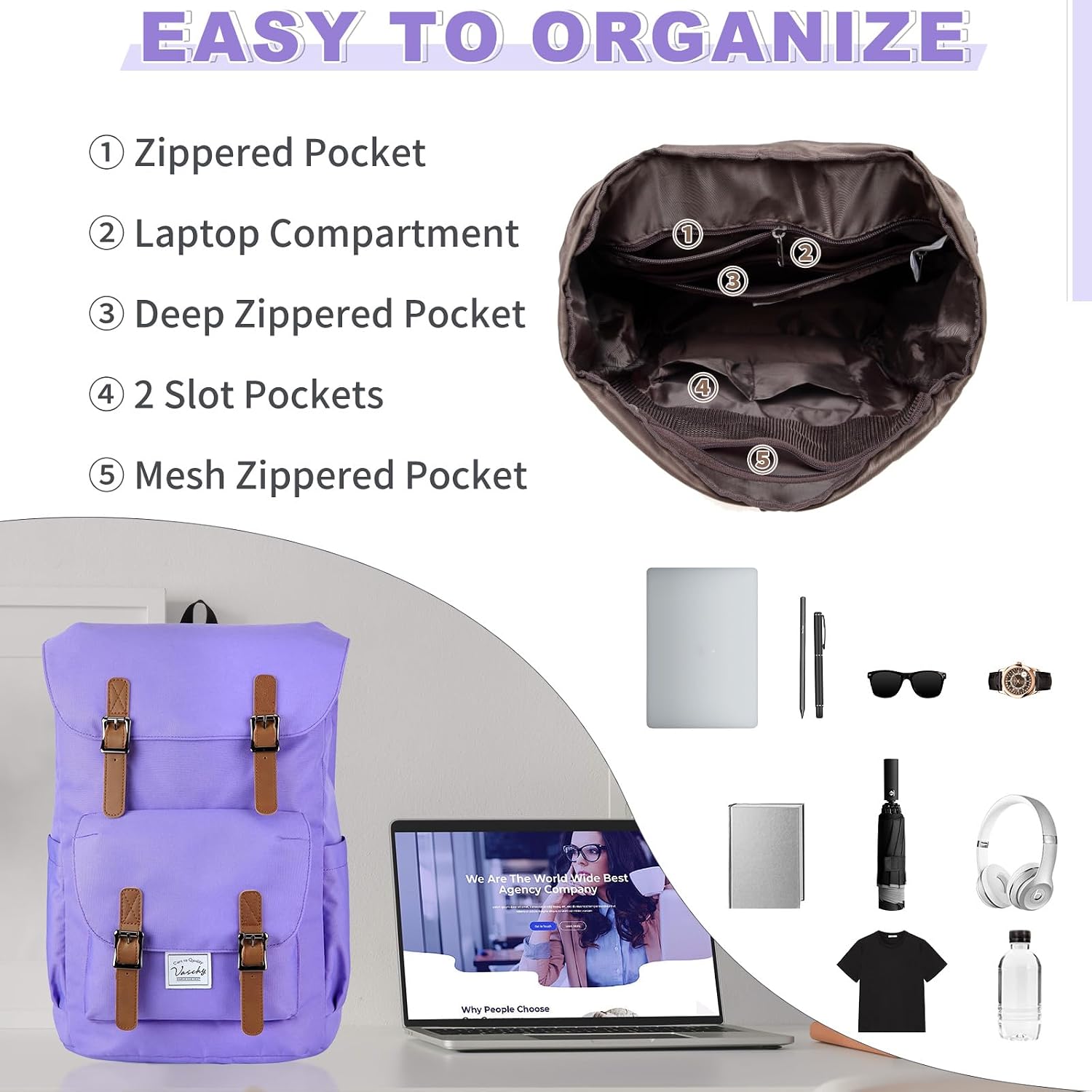 Chase Chic Backpack for Women, Vintage Rucksack Bookbag 15.6 inch Fashion Bag Unisex Casual Daypack for Travel,College,Work(Purple)