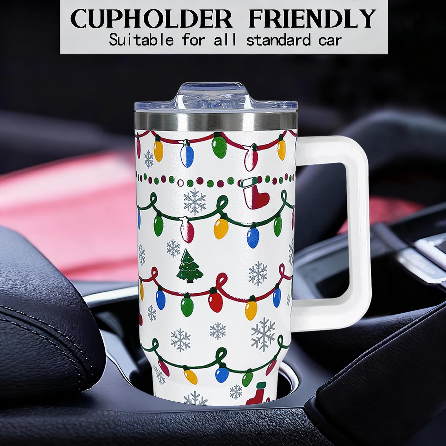 40 oz Christmas Tumbler With Handle Lid and Straw,5D Xmas Lights Snowflakes Print Stainless Steel Insulated Travel Mug Christmas Coffee Cup Gifts for Men Women - Image 8