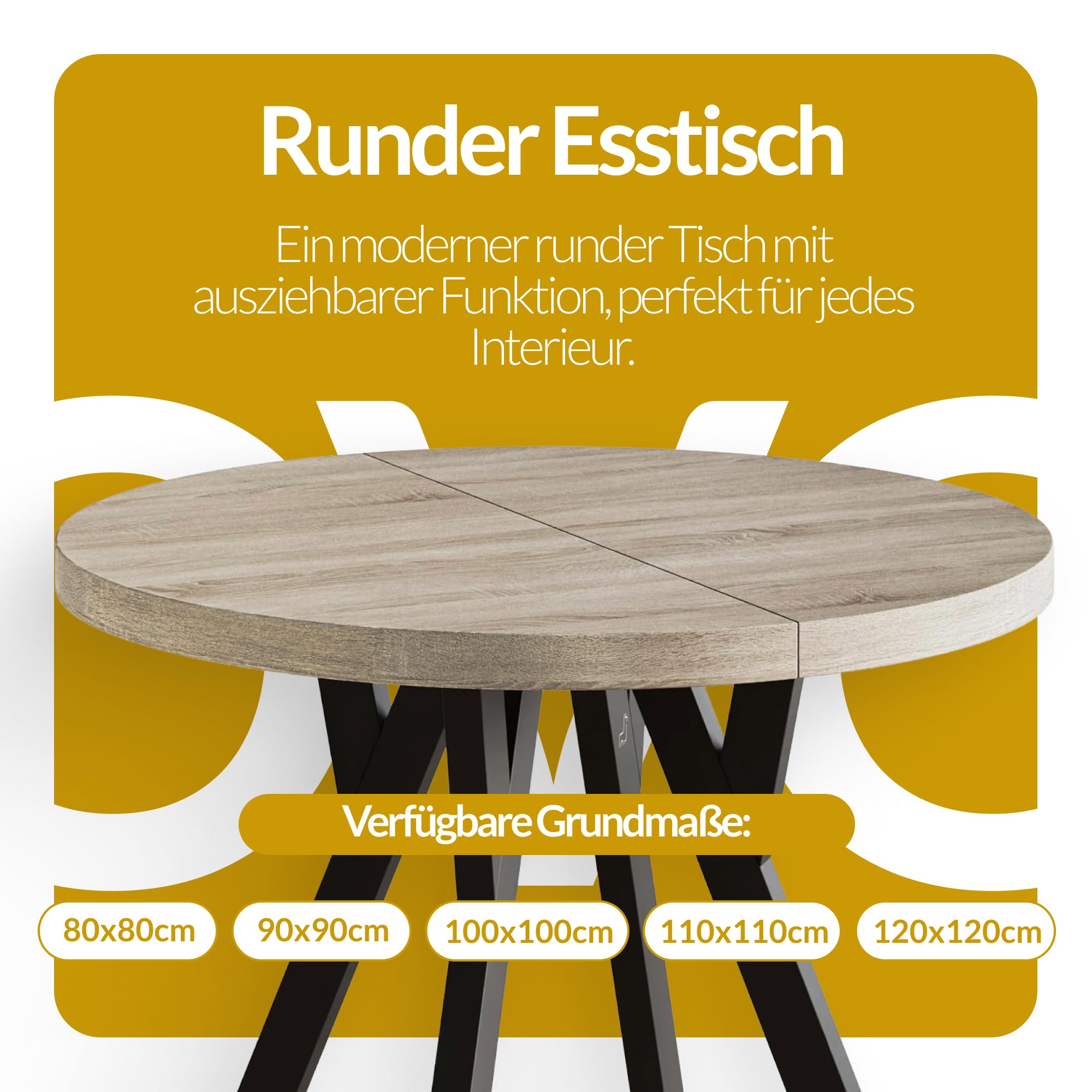 Runder Esstisch ausziehbar – Moderner Wohnzimmertisch und Küchentisch – Tisch mit Stabile Konstruktion, Durchmesser 120 cm - 220 cm - Farbe Lancelot - Kollektion OVO
