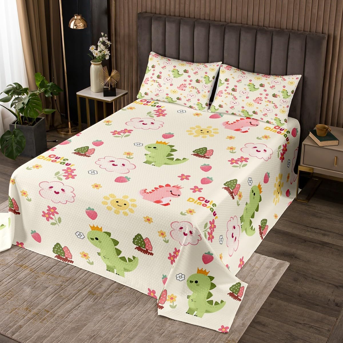 Cute Dinosaur Bedding Set King Size,Cartoon Pink Strawberry Fruit Bedspread for Kids Girls Boys Teens Room Decor,Pink Green Animals Floral Comforter Set Lovely Beige Quilt Coverlet 3Pcs