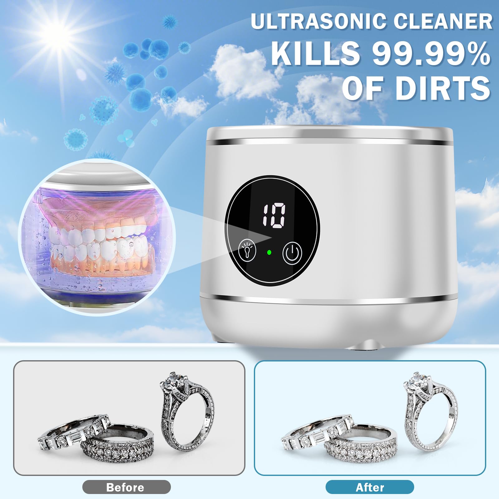 Limpiador ultrasónico U-V para prótesis, EnGiTores máquina de limpieza ultrasónica para dentaduras postizas, protectores bucales alineadores cabezales de cepillo dientes dispositivo limpieza (white)