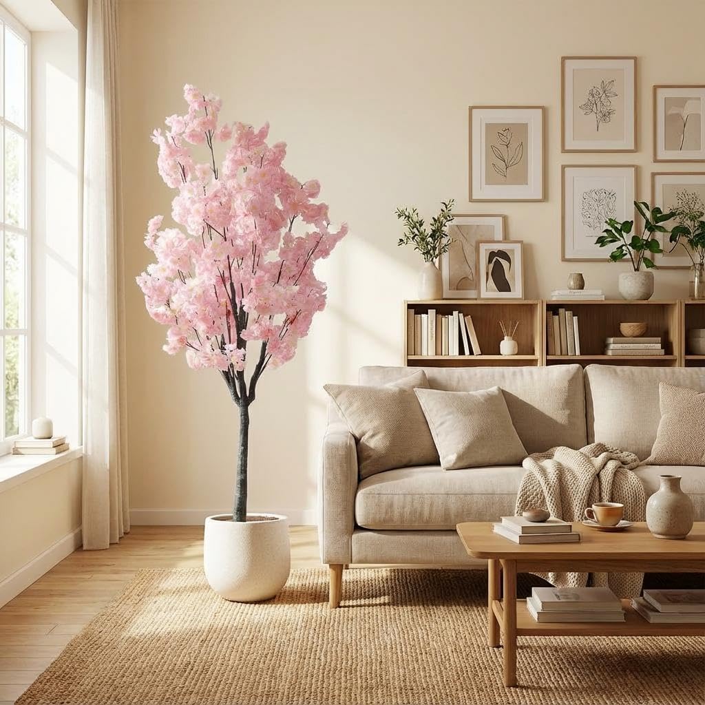 59 Inch Faux Cherry Blossom Tree with Pot, Artificial Indoor Cherry Blossom Plant, Adjustable Decorative Fake Tree for Home, Office & Entryway