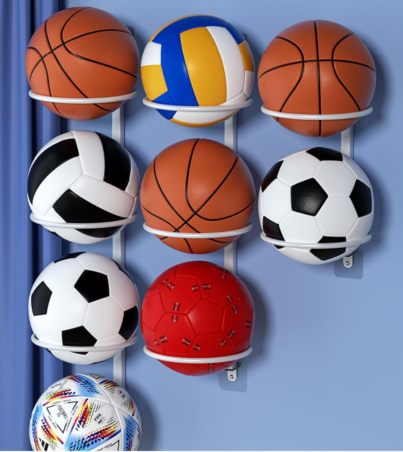 Wall-Mount Ball Rack - Metal Storage Holder for Basketball, Volleyball, Soccer - Indoor Gym & School Organization - White (98x18cm)