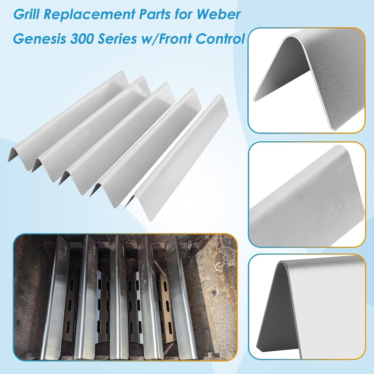 Grill Parts for Weber Genesis 300 Series w/Front Control, Flavorizer Bars and Heat Deflector 62752 Burner Kit for Weber Genesis 300 E/S/EP 310 320 330 for Weber Genesis 300 Accessories