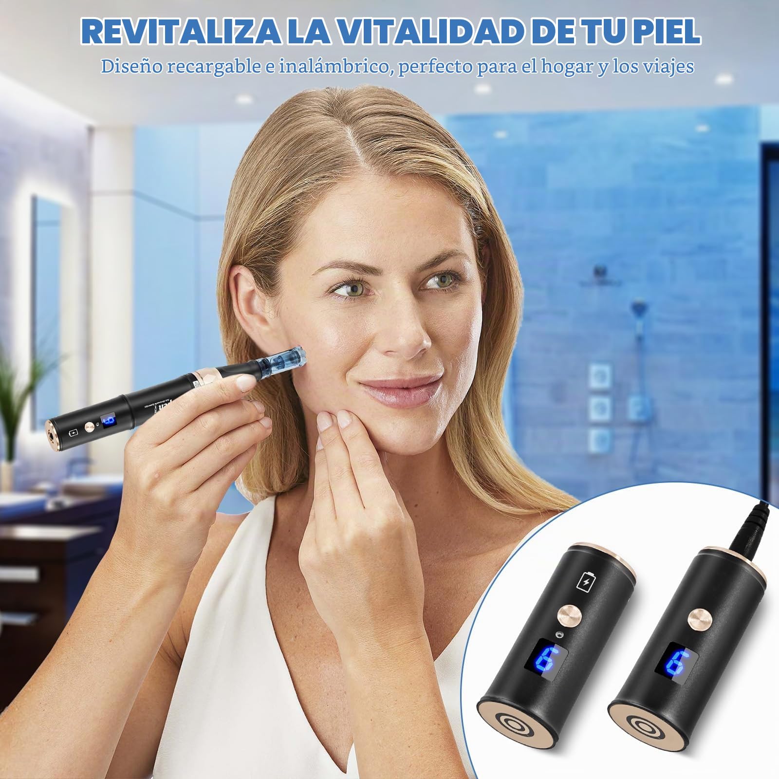 TopDirect Dermapen Profesional, Dr Pen A8S Microneedling, Derma Pen Eléctrico Auto Recargable para Facial y Cuerpo, 0-2,5 mm Ajustable con 6 Niveles de Velocidad, 6 unidades Agujas Dermapen