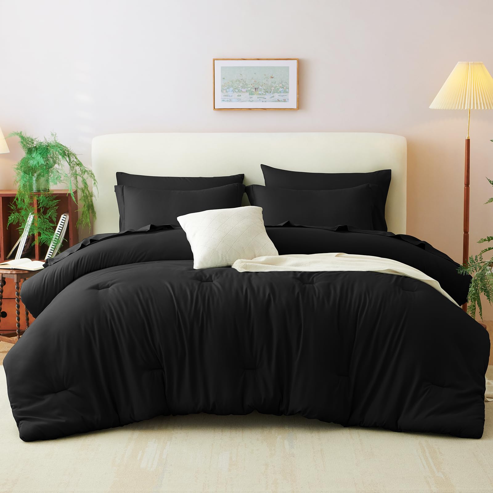 Juego de edredón tamaño Queen, color negro, 7 piezas de cama en una bolsa, juego de edredón suave con sábanas, juego de cama bohemio de 7 piezas para todas las estaciones con edredón, sábanas 7