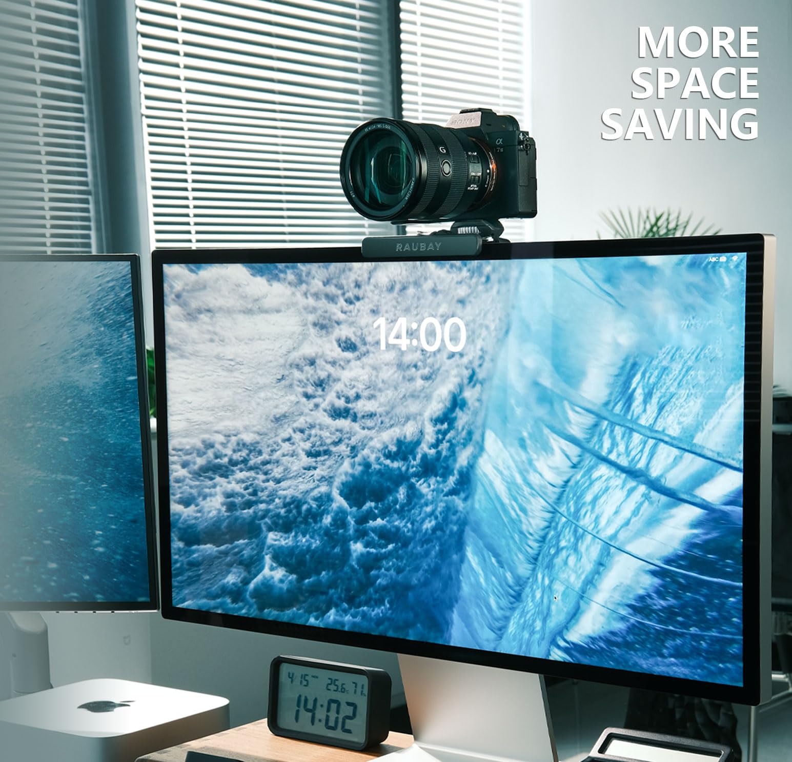 RAUBAY Supporto per fotocamera per monitor, morsetto per webcam da appendere con vite da 1/4", supporto superiore per monitor MILC per live streaming, ecc. Compatibile con monitor curvi, larghezza