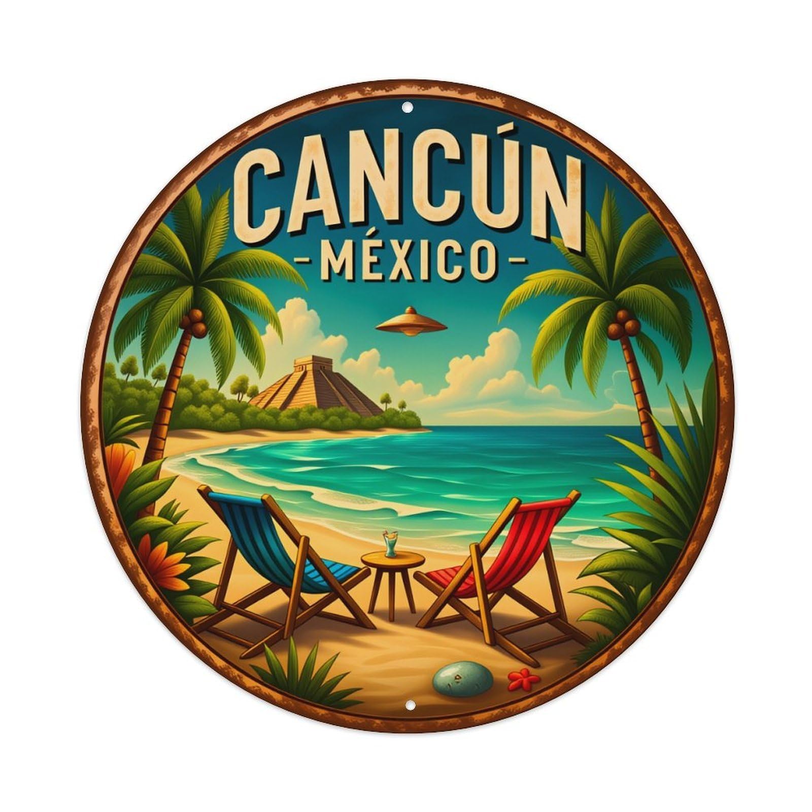 Tropical Beach Scene With Pyramids And Palm Trees Round Tin Sign Vintage Metal Poster Retro Bar, Home, Man Cave, Kitchen, Laundry Room Wall Art Decor Gift 8x8Inch
