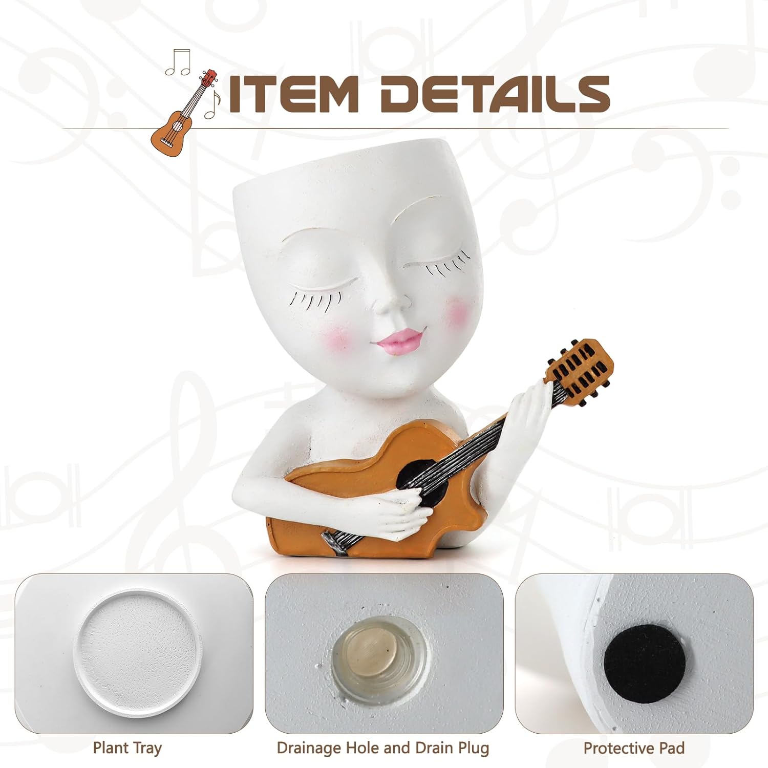 Face Planter Pot, Cute Girl Playing Guitar Head Planter for Indoor Plants, Unique Resin Succulent Pots with Drainage, Creative Music Lover Gifts for Guitarist Women Mom (White)