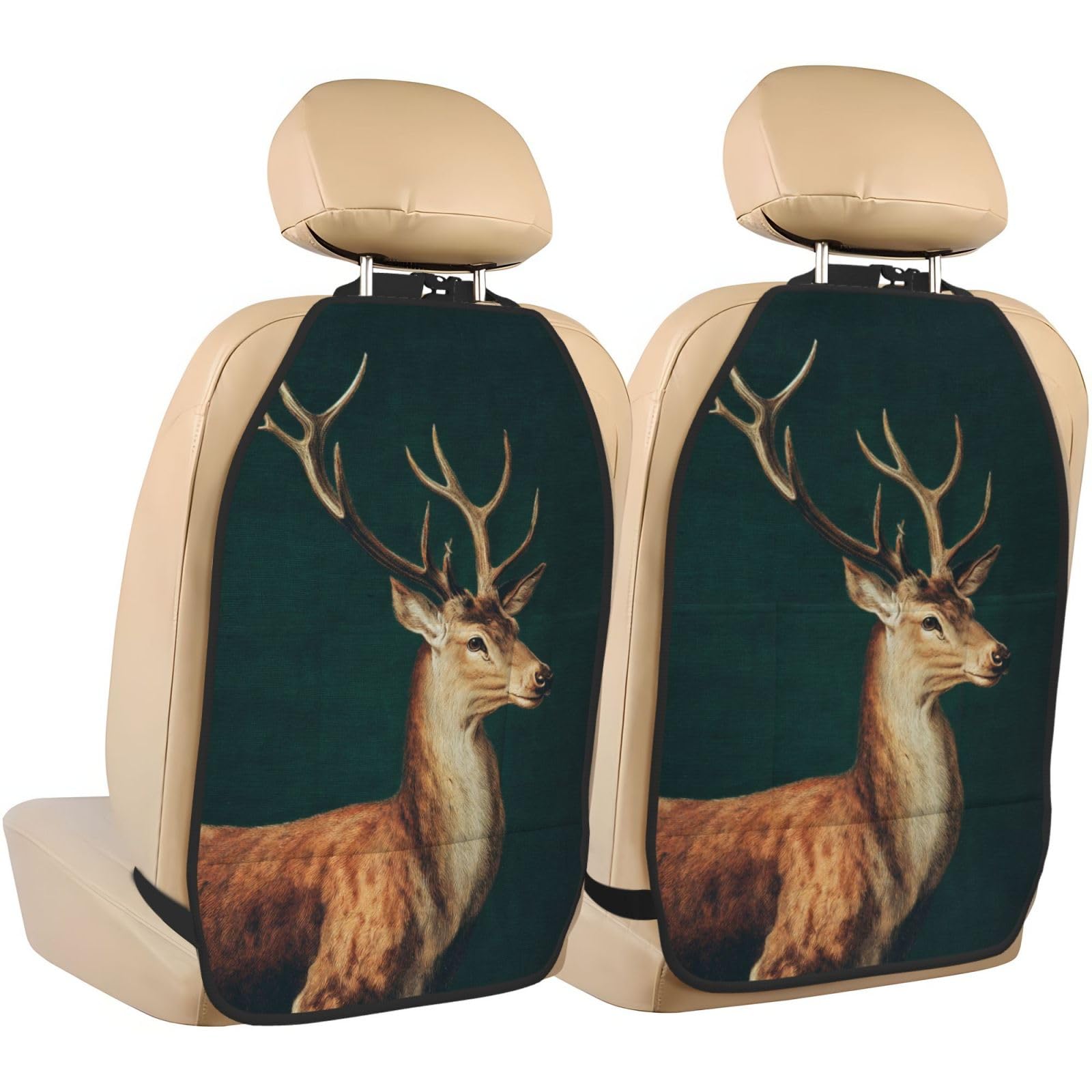 Vintage Deer Standing Dark Green Car Seat Back Kick Protectors,2 Pack Kick Mats with Storage Pockets for Vehicles to Protect from Dirt Mud Scratches