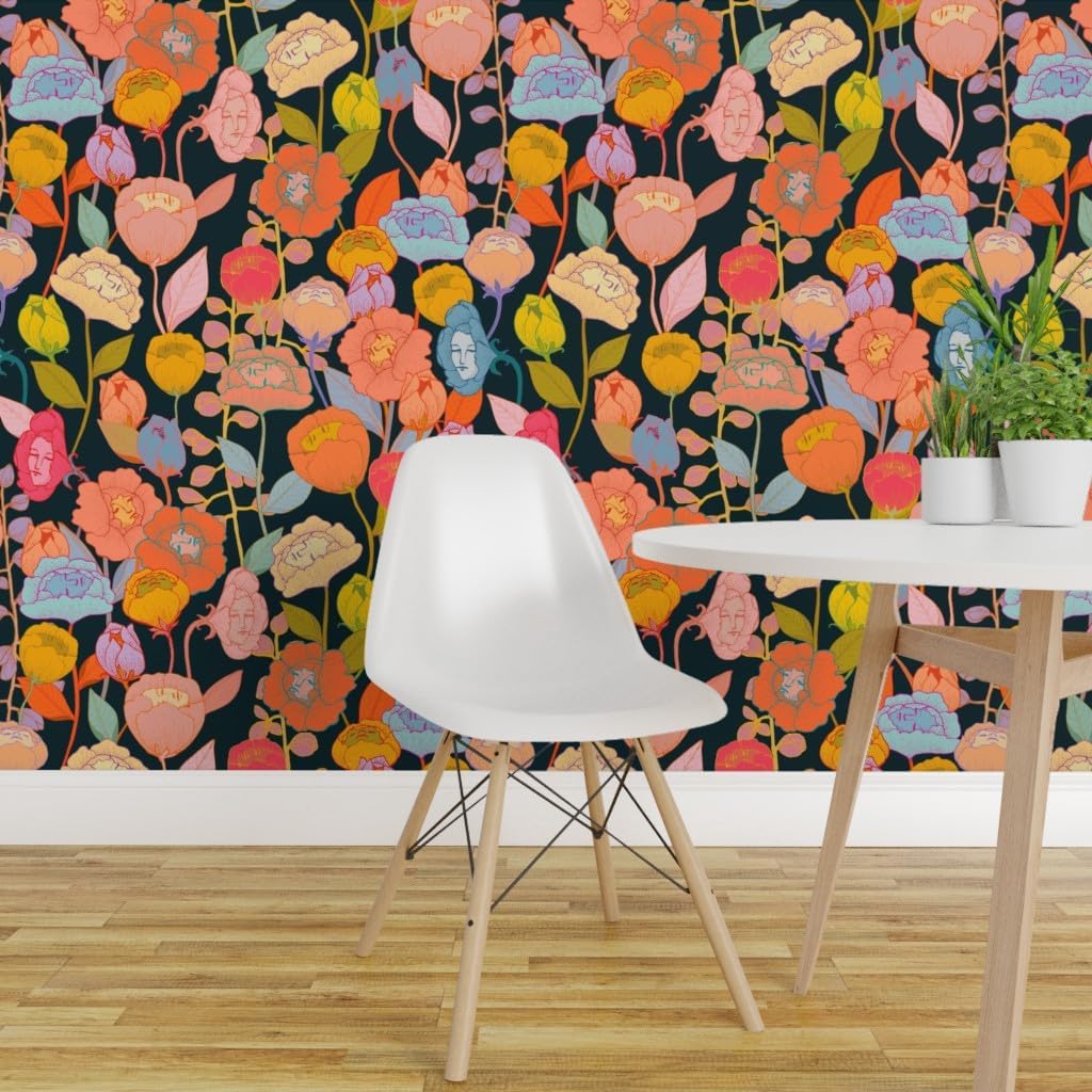 Removable Wallpaper 3ft x 2ft - Flowers Faces Fantasy Tropical Dream Hawaii Exotic Custom Pre-Pasted Wallpaper by Spoonflower