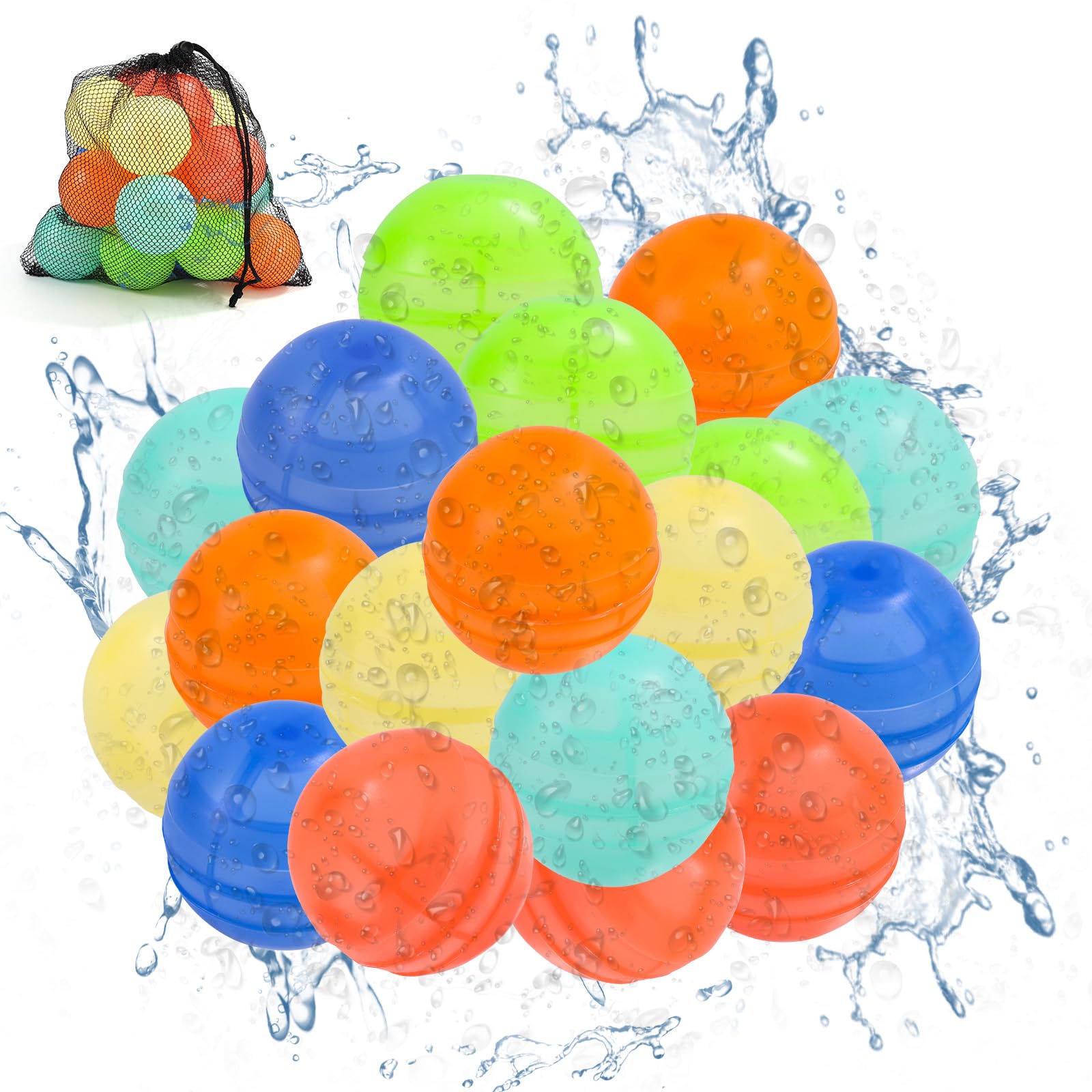 18pcs Reusable Water Balloons, 6 Colors Quick Fill Water Balls Silicone Refillable Pool Bombs Beach Summer Toys with Mesh Storage Bag for Outdoor Pool Party Beach Activities