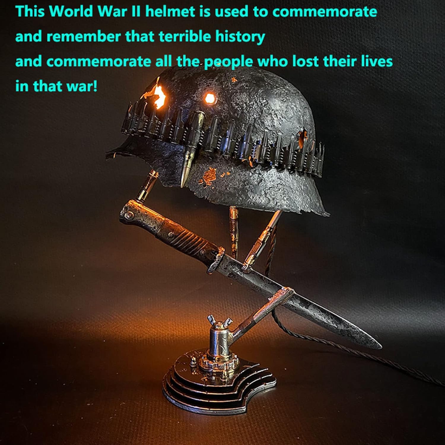 War Lamp with LED 2023 Halloween Decor Lamp, War II Helmet Lamp War Element Ornament Statue Made Out of World War II Soldier's Helmet and Bayonet War Retro Resin Desk Lamp,A