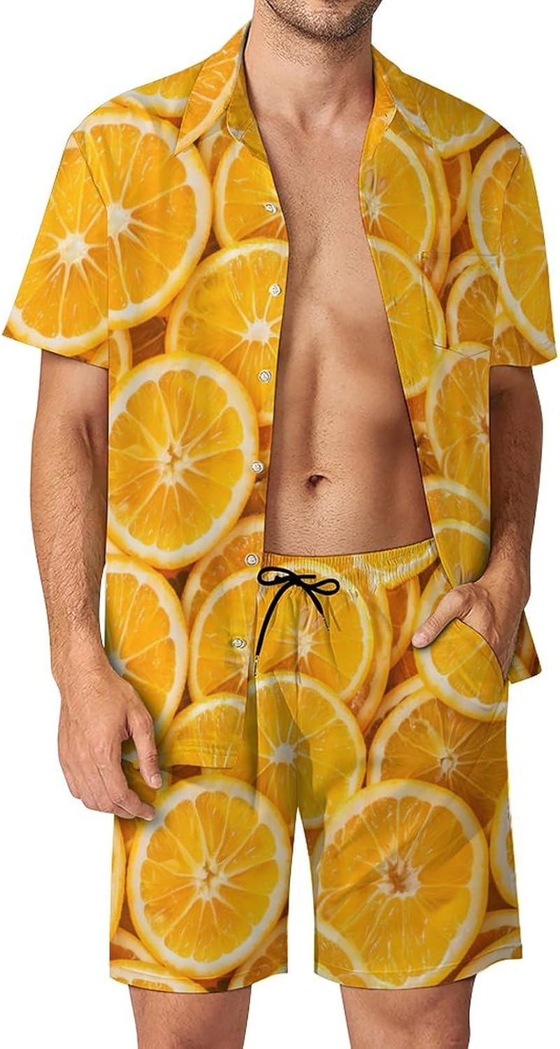 Orange Slices Men's Summer Beach Outfits Shirt And Shorts Set 2 Piece Vacation Swimwear