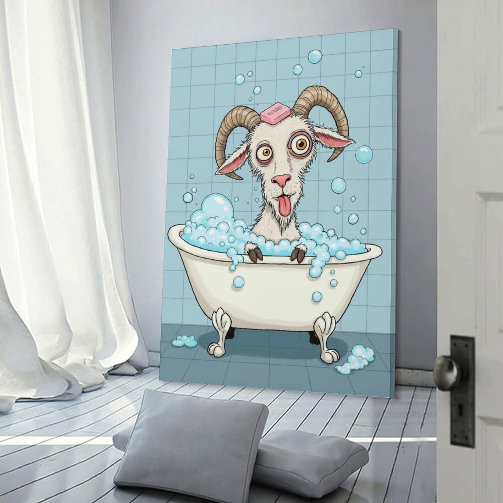 Junmoney Goat in Bathtub with Soap Hanging Wall Art, 20x30inch(50x75cm), for Living Room, Bedroom, Office Or Hallway, Decorative Artwork with Broad Appeal