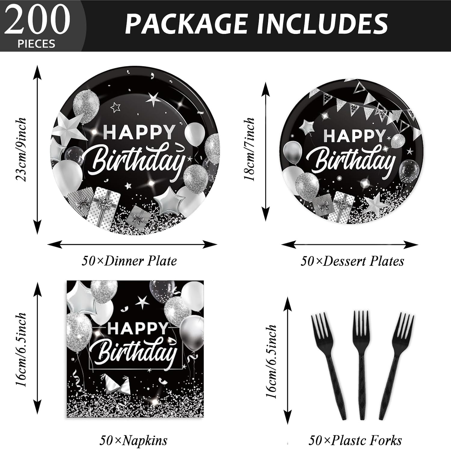 Gisgfim 200PCS Black and White Silver Happy Birthday Party Decorations Set - Tableware, Confetti Sprinkles, Plates, Napkins, Forks, Table Decors for Men Women, 50 Guests