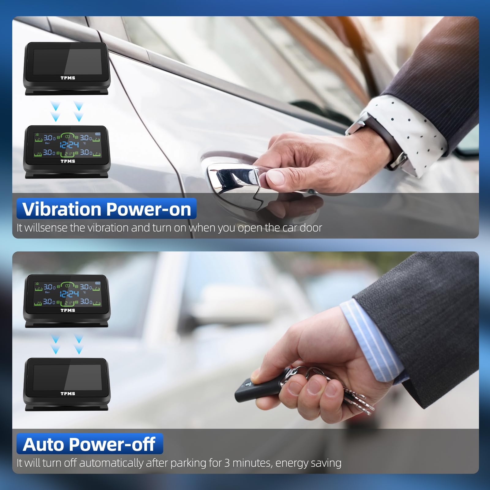 TPMS di Monitoraggio della Pressione dei Pneumatici Staccabile Ricarica Solare Wireless Sistema di Monitoraggio con Allarme, 4 Sensori, 22-87Psi Display Dell'ora per Camper Van Auto | 4 sensori di pressione degli pneumatici impermeabili, 5 allarmi,Autovet