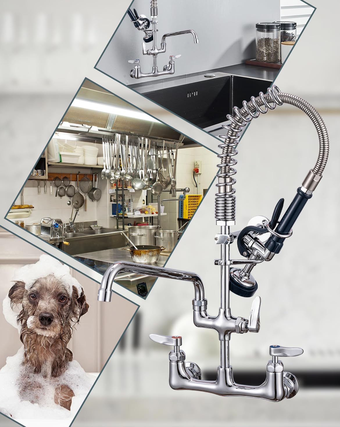 NSF/ANSI 61 Certified 8" Lead-Free 23" Height Commercial Sink Faucet with Sprayer Wall Mount, 3 Compartment Sink Faucet with 8" and 12" Add-on Swing Spout for Kitchen/Restaurant/Utility Sinks