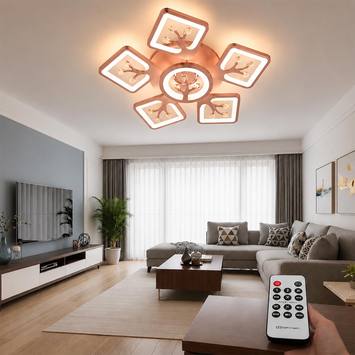 Smart LED with Built-in Bluetooth Speaker, Remote Control, Dimmable & 3 Color Modes (Warm White, Natural White & Cool White) | Rose Gold Decorative Ceiling Light for Living Room & Bedroom-image-46