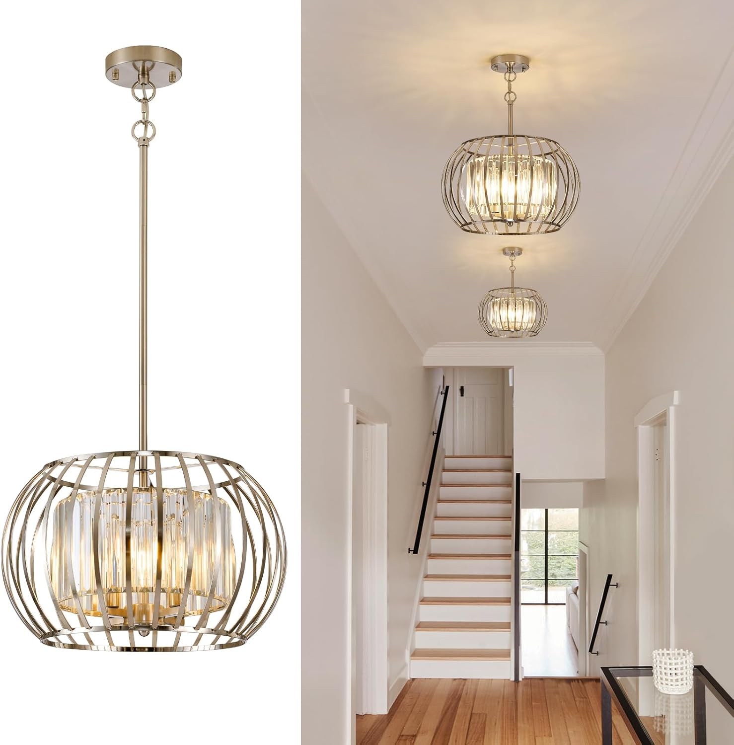 SGLfarmty Modern Crystal Chandeliers for Dining Room, 4-Light Nickel Pendant Light Fixtures, Adjustable Round Semi Flush Mount Ceiling Light Fixture, Farmhouse Chandelier for Hallway Bedroom Foyer