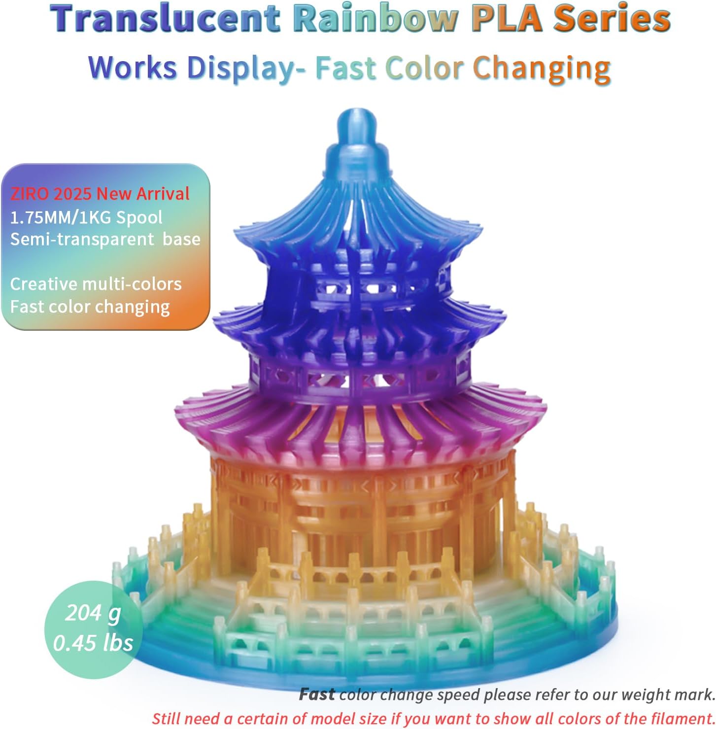 ZIRO Fast Color Changing PLA, Transluent Multicolor Filament 1.75mm, 3D Printing Material, 1kg Spool, Dimensional Accuracy +/-0.03mm, Fit Most 3D Printers, Crystal Prism