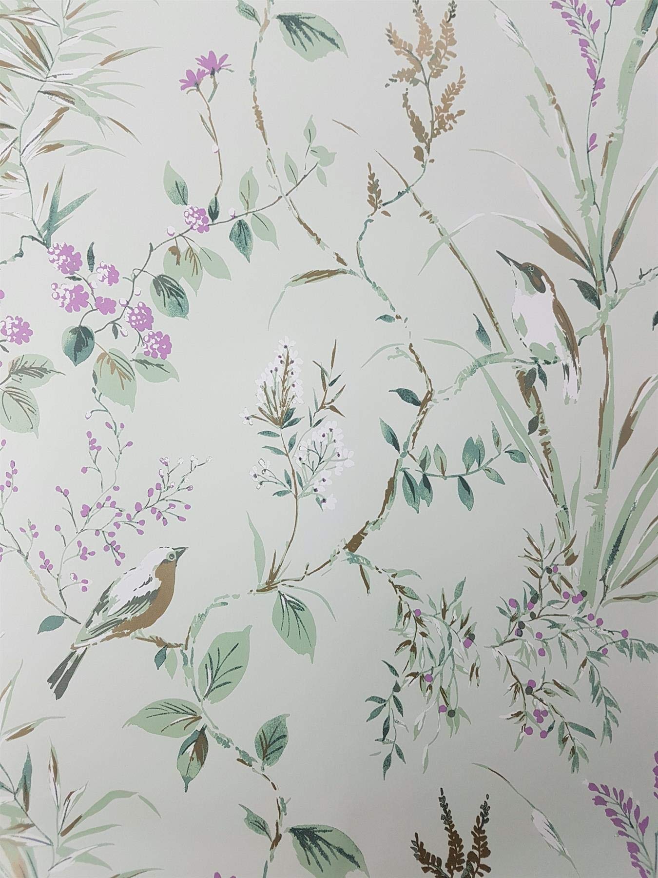 Floral Birds Wallpaper Mint Plum Metallic Flower Shimmer Fine Decor Mariko from YöL