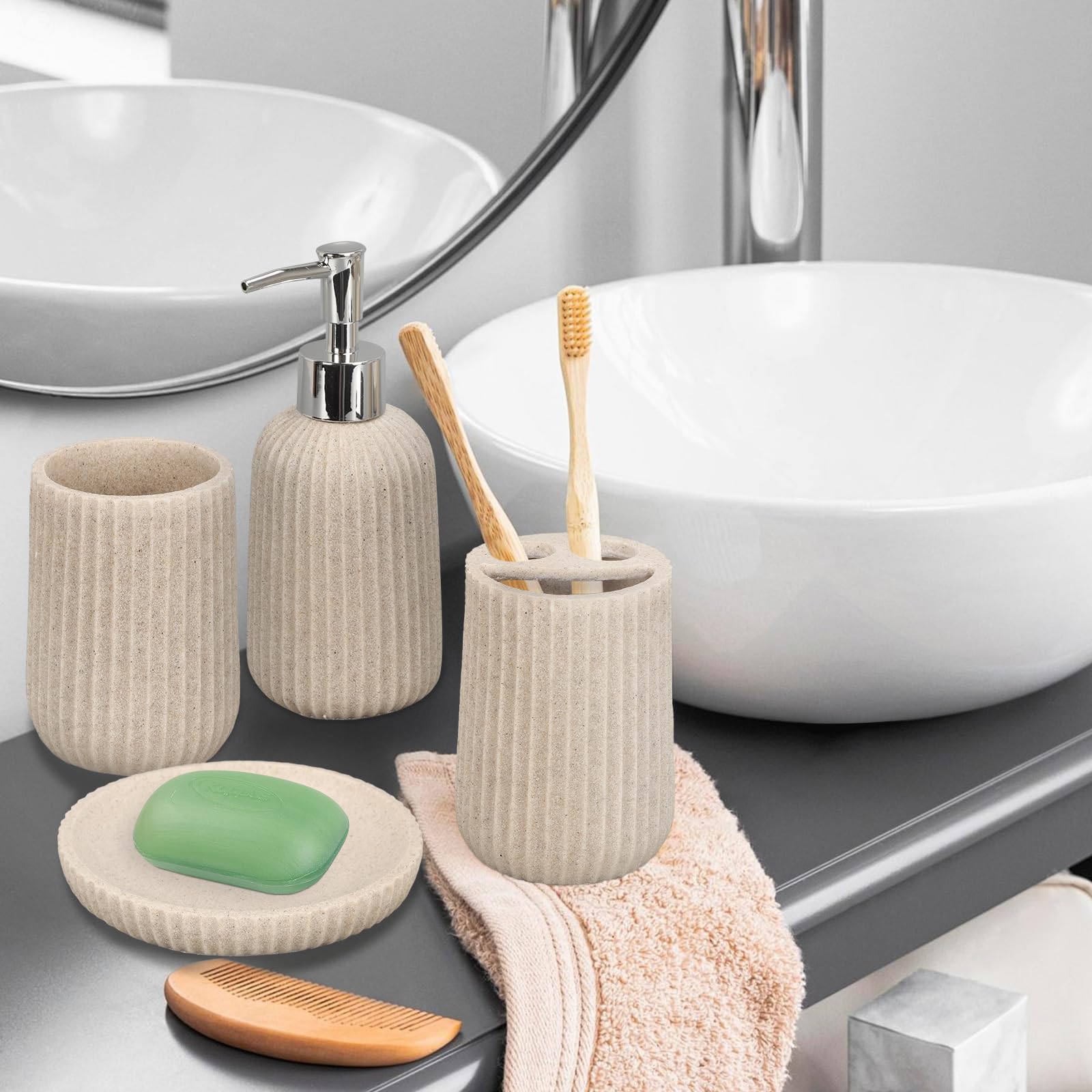 Tefola Juego de Baño de Resina de - 4 Piezas - Botella de Loción de 250 ml, Vaso para Enjuague Bucal, Soporte para Cepillo de Dientes, Jabonera - Juego de Accesorios de Baño - Beige