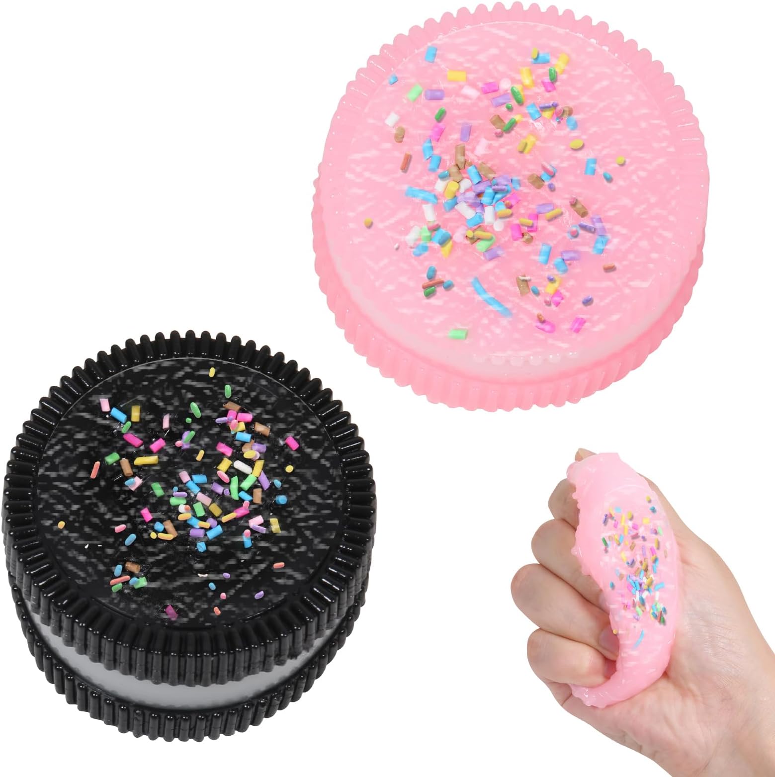 2pcs Handmade Soft Cookie Squishy Silicone Stress Relief Squishy Toy Pink Cookie Dessert Kawaii Squishies PVC New Fidget Toy Stress Relieving Fur Ball OPP Packaging Gifts (2pcs)