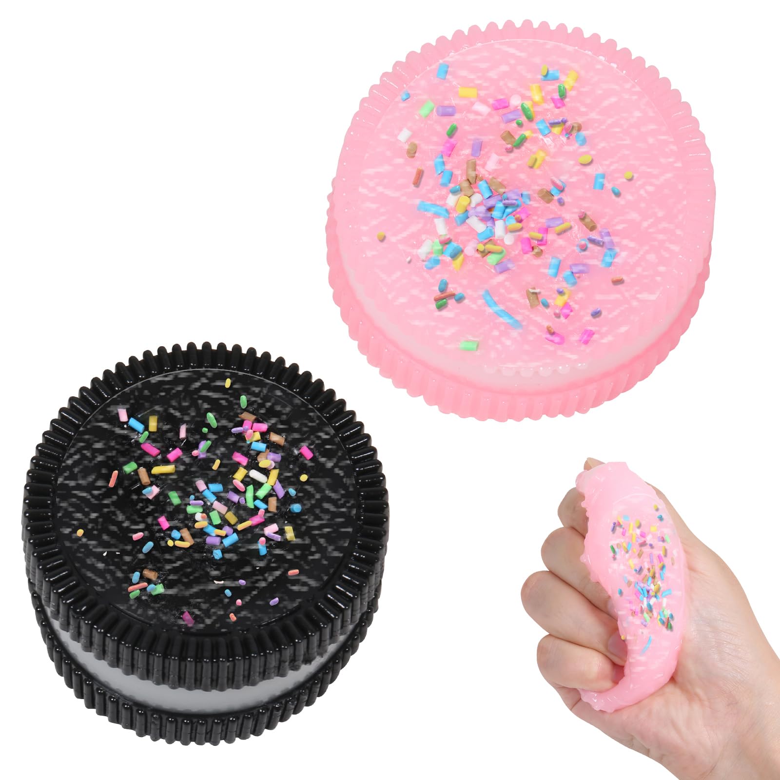 2pcs Handmade Soft Cookie Squishy Silicone Stress Relief Squishy Toy Pink Cookie Dessert Kawaii Squishies PVC New Fidget Toy Stress Relieving Fur Ball OPP Packaging Gifts (2pcs)