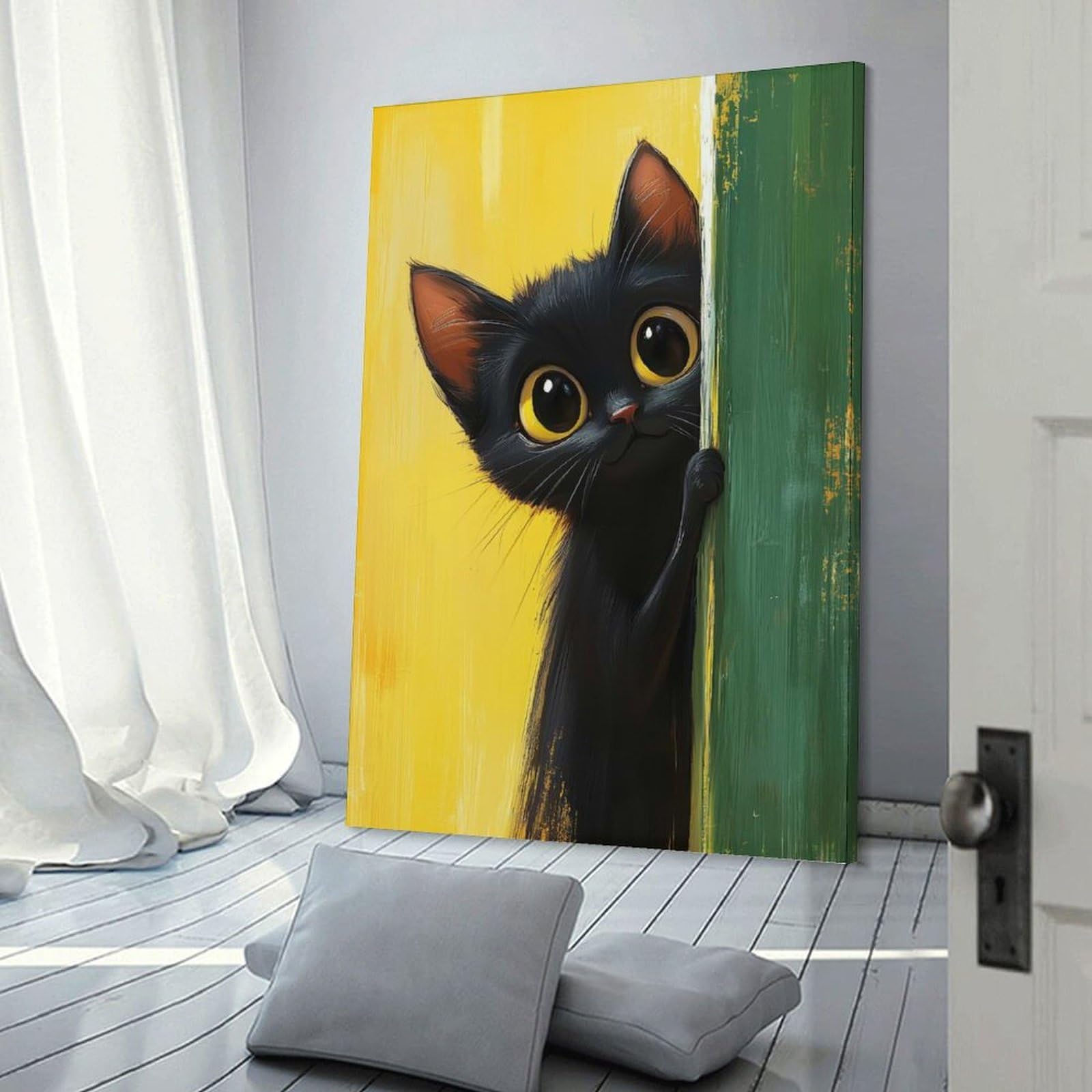 Junmoney Black Cat Peeking Hanging Wall Art 24x36inch(60x90cm), for Front Hall, Corridor Or Welcome Spaces, Wall Decor to Refresh Empty Corners