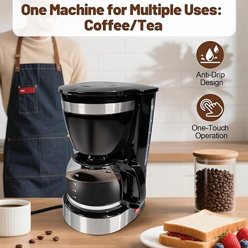 Miniatura 5 de Cafetera de goteo de 10 tazas, cafetera antigoteo de un solo toque con jarra de filtro reutilizable, para mantener el calor, cuchara, cafetera,