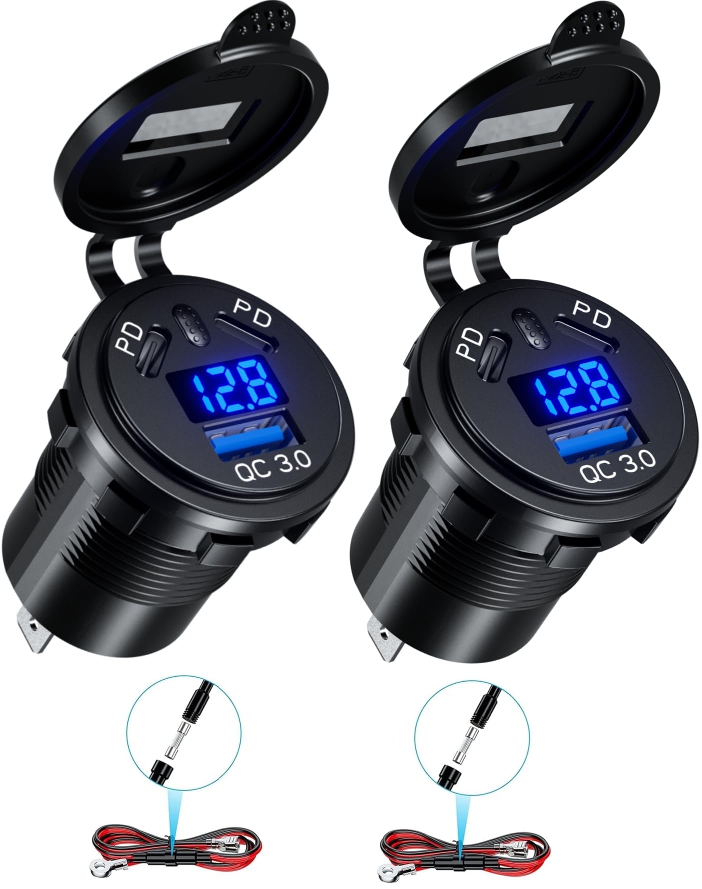 2 Pack 12V USB Outlet Wire Charger Multi Port, 108W Dual PD & QC 3.0 Car Port Socket with Power Switch, USB C Cigarette Lighter Replacement 12 Volt