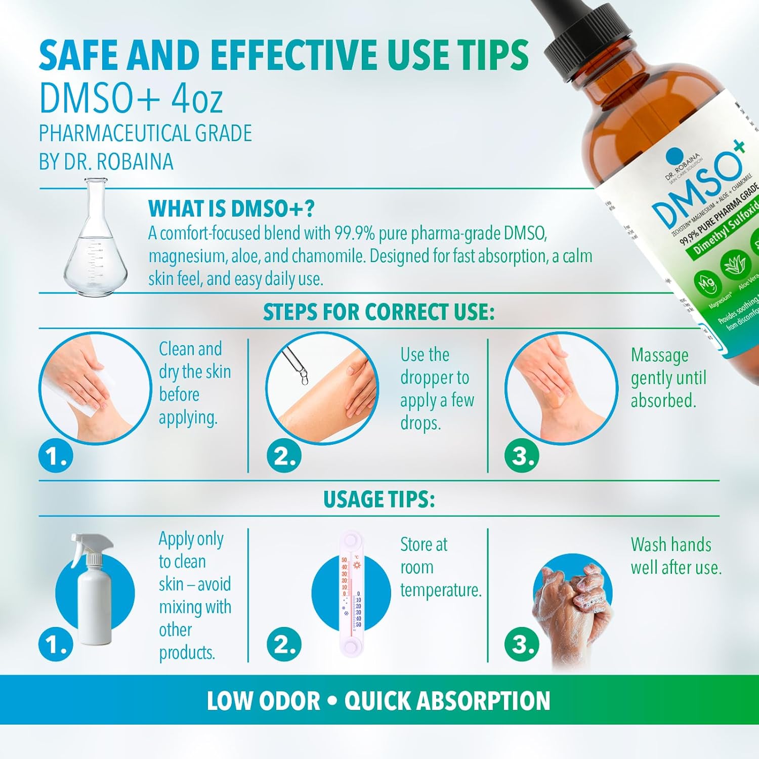 Dr. Robaina Dimethyl Sulfoxide Solution (DMSO-Based) – Low-Odor Laboratory Mixture, 4 oz Amber Glass Dropper | with Zechstein Mg, Aloe & Chamomile | Made in USA - Image 3