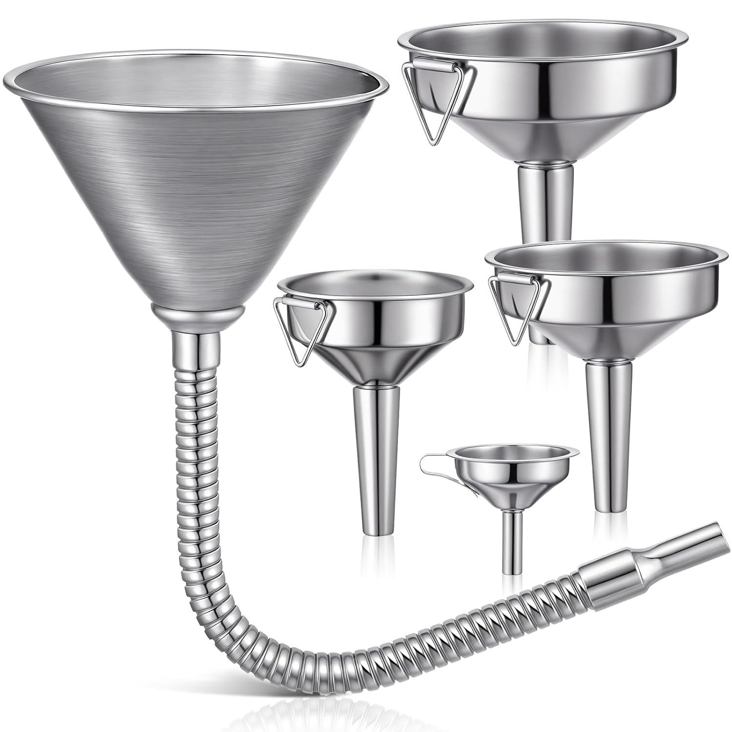 Blulu Set of 5 Stainless Steel Flexible Oil Funnels for Automotive Use Bendable Spout Funnel for Cars Boat Canning Diesel Fuel Other Liquids, with Hose and Filter