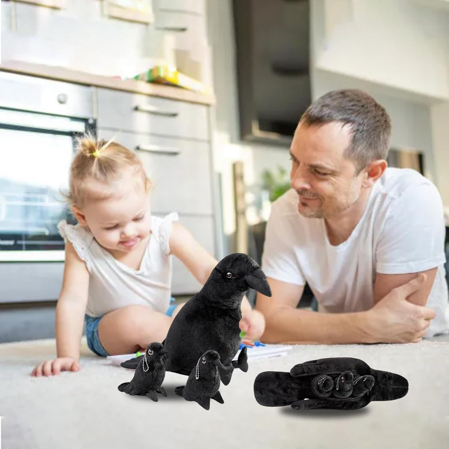 Black Crow Plush Toy ， Realistic Crow Stuffed Animal 4Pcs，Soft Large Black Crows Crow Plush and 3 Baby，Black Bird for Kids