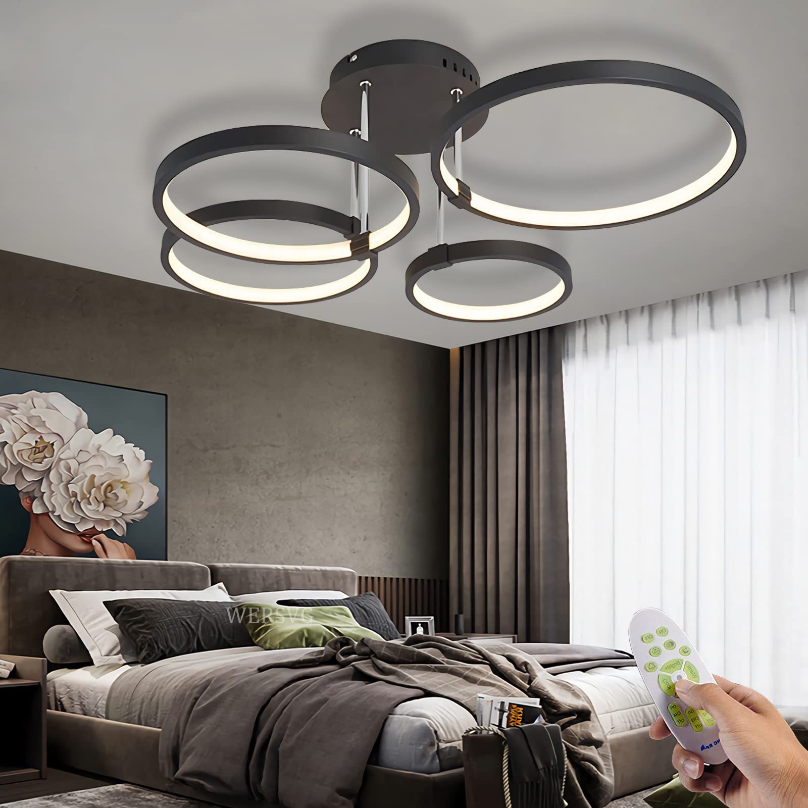 STUIJKVSZ Chandelier 4 Rings LED Ceiling Light Bedroom Ceiling Light Modern Design Black Ceiling Light 52W 4160LM Dimmable 3000K-6000K with Remote Control Corridor Light Ceiling Lamp Chandelier